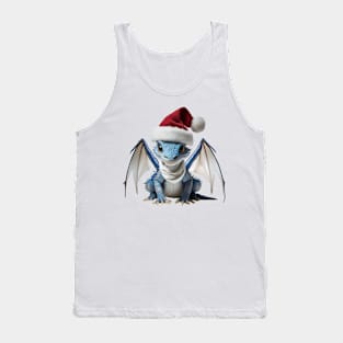 Cute Blue Baby Dragon Wearing a Red Festive Christmas Hat Tank Top